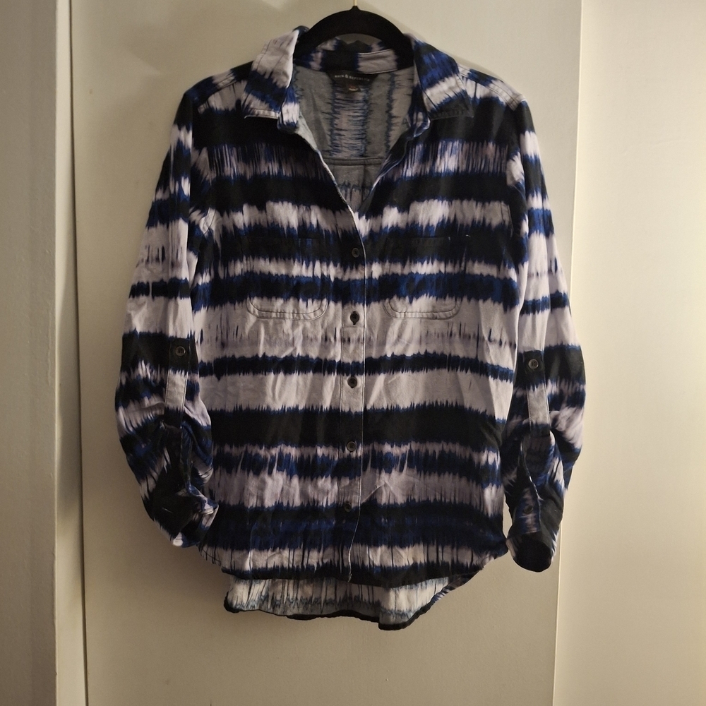 Rock & Republic Women's Black, Blue And White Tie-dye Button Up Shirt